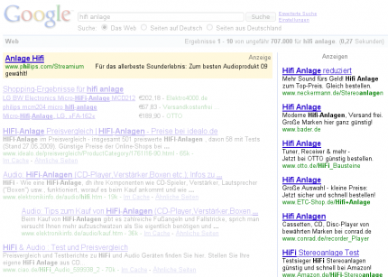 Googles Anzeigenbl&ouml;cke im Suchergebnis